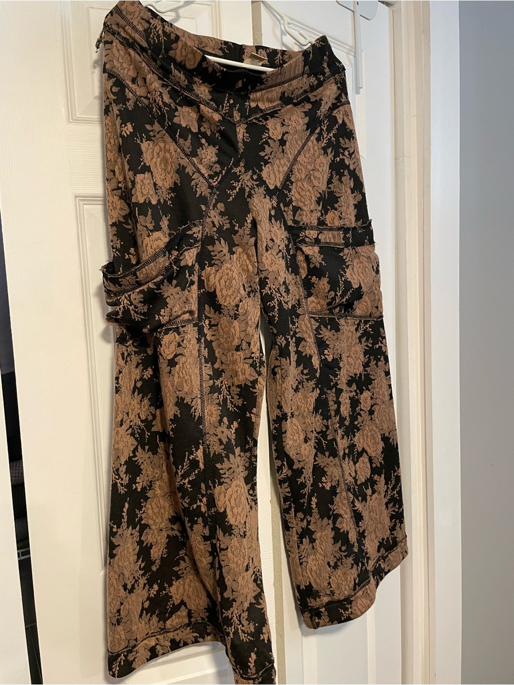 Wide-Leg Floral Cargo Pants in Black and Brown